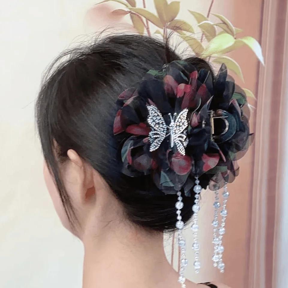 Women Ladies Summer Autumn Hair Accessories Butterfly Tassel Girls Super Fair Flower Multi-layer Hair Claw Fancy Headwear