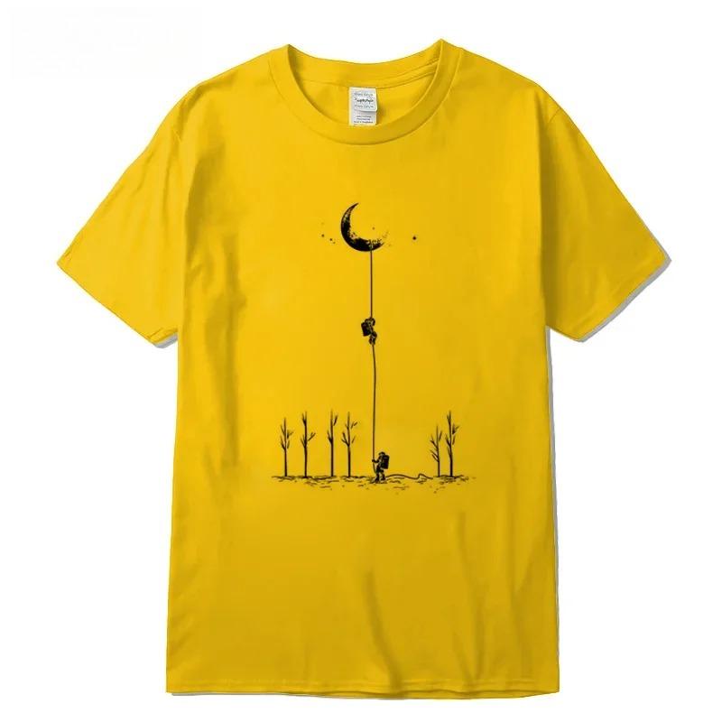 Summer Men's High-quality 100% Cotton Cool and Fun Astronaut Print Casual Loose O-neck T-shirt Hip-hop Short Sleeved Shirt