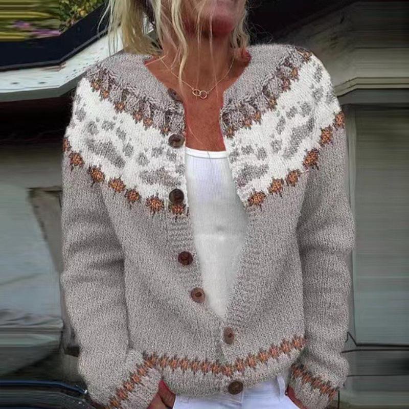 Women's Pink V-Neck Knit Cardigan with Jacquard Floral Pattern