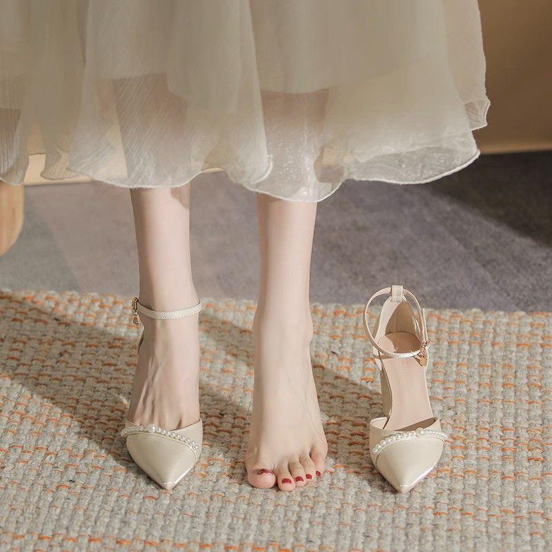 Apricot Thick Heel Pearl High Heels Women's Summer Small Design Sense Niche Pointed Hollow One-word Buckle Strap Single Shoes Women