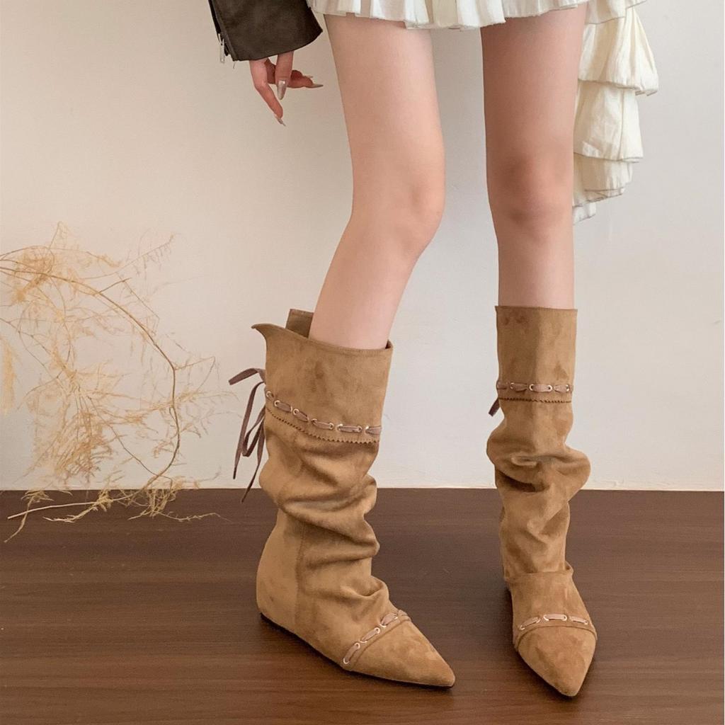"Wasteland Spice Girls" Innenerhöhung Western-Cowboystiefel Damen Herbst und Winter Plüschstiefel Schnürstiefel Skinny Kniestiefel