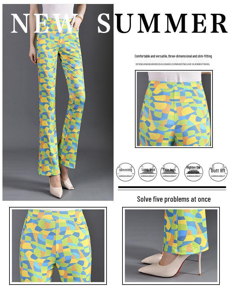 Summer Fashion Slimming Women's Stretchy Plaid Micro Flare Pants with Elastic Waist