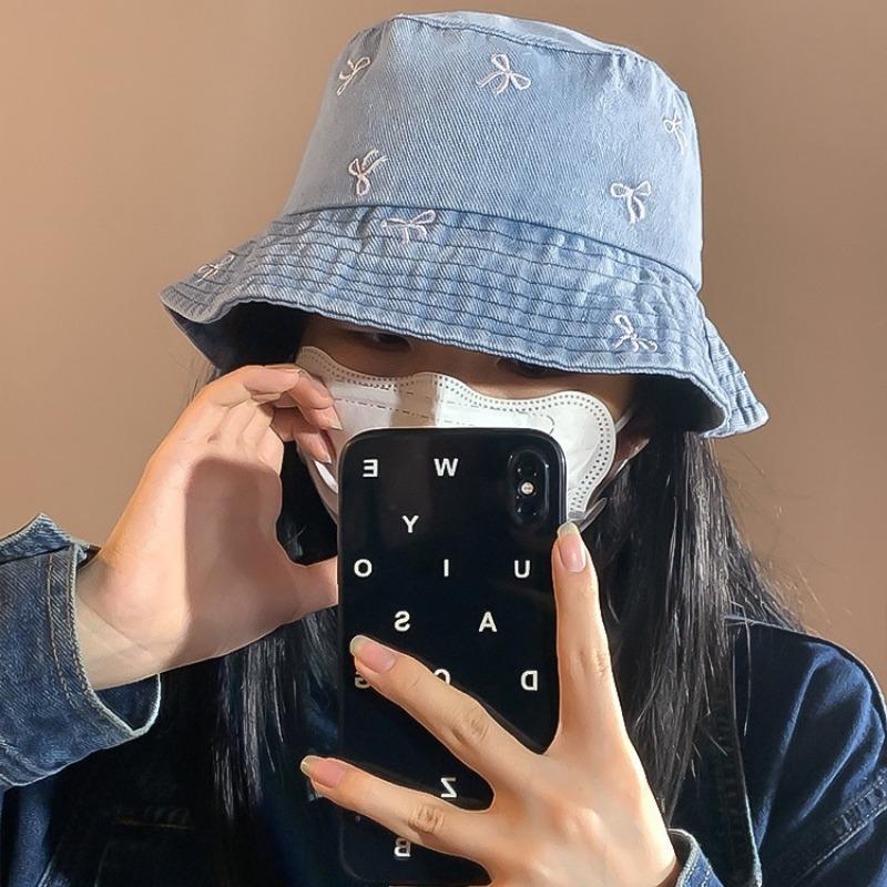 Washed Bow Denim Bucket Hat Women's Summer Big Head Circumference Washbasin Hat Sunshade Sunscreen Hat