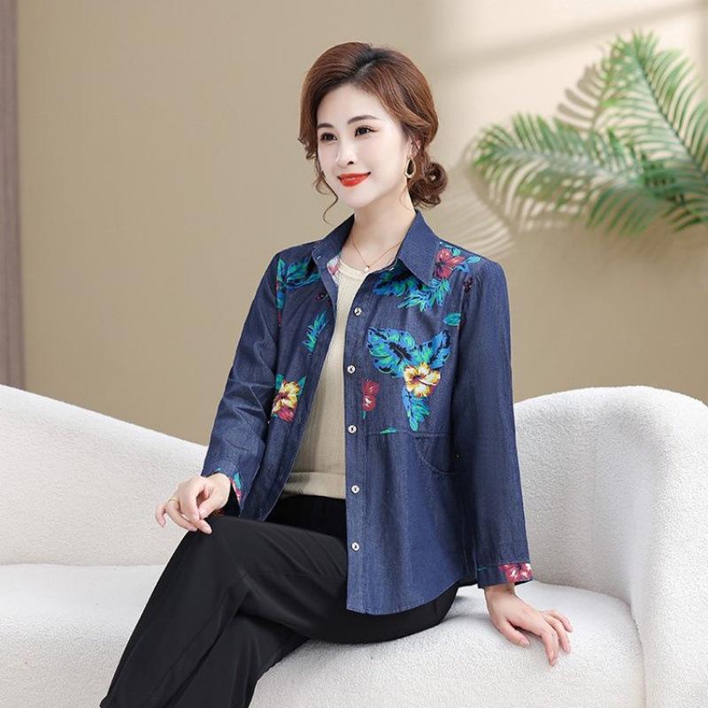 Stylish Women's Pure Cotton Denim Patchwork Long Sleeve Shirt - Loose Fit and Slimming Spring/Autumn Jacket