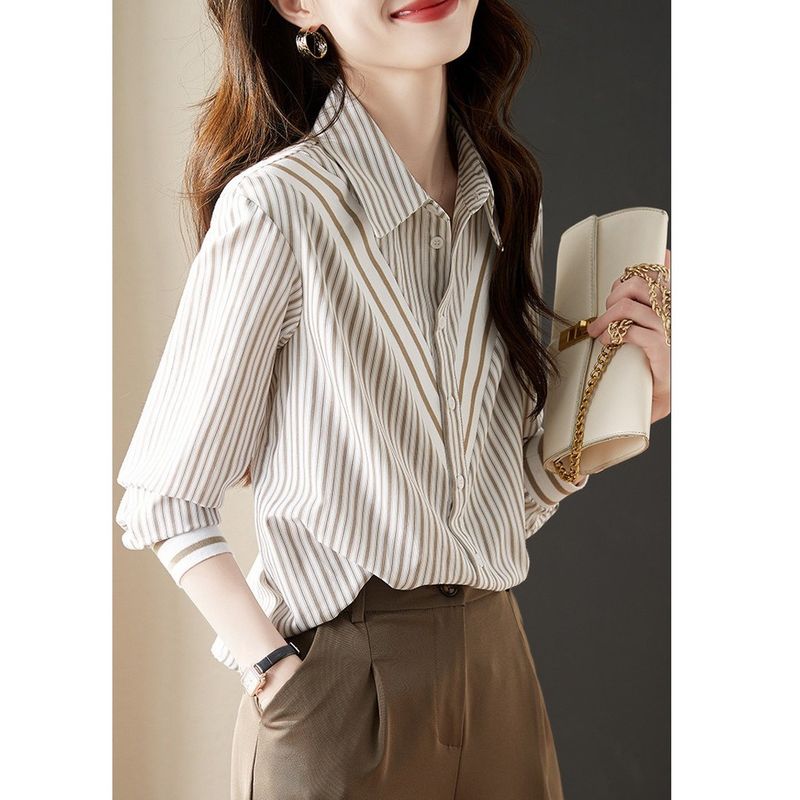 

Counter Mall Withdraw International Big Brand Label Cutting OEM Goods Tail Single Women s Clothing Stylish Elegant All-Matching Striped Shirt Spring Brown Stripes M