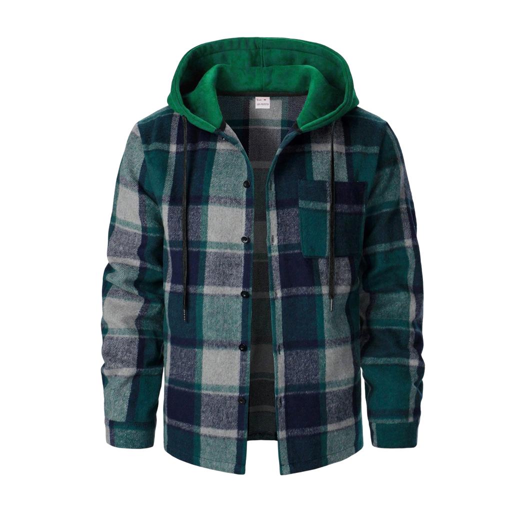 Men's Hooded Plaid Shirt Casual Loose Fit Jacket for Fall and Winter