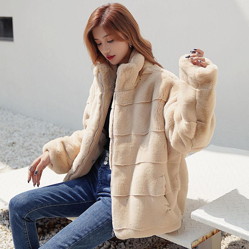 Autumn and winter thickened imitation fur coat stand-up collar imitation lamb wool zipper loose mink coat women's light style