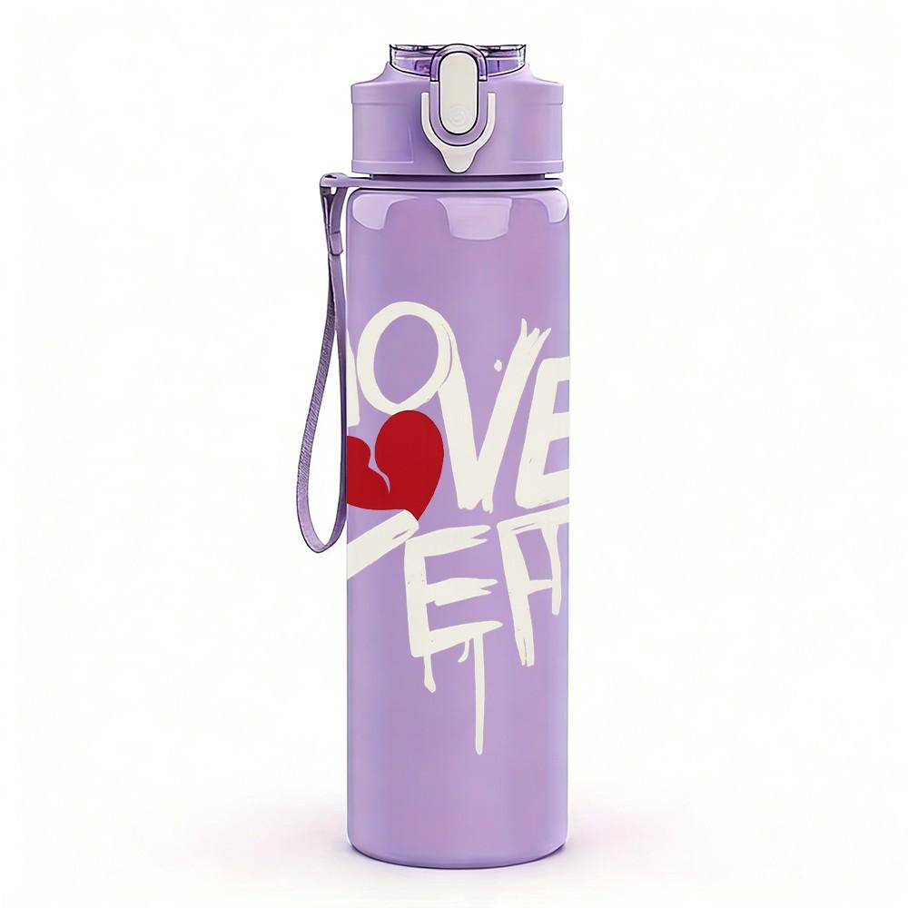 1PC Love Doodle Heart Letter 750ml Color Plastic Sports Water Bottle Leakproof Flip Straw Lid Suitable for Sports Office Home Use