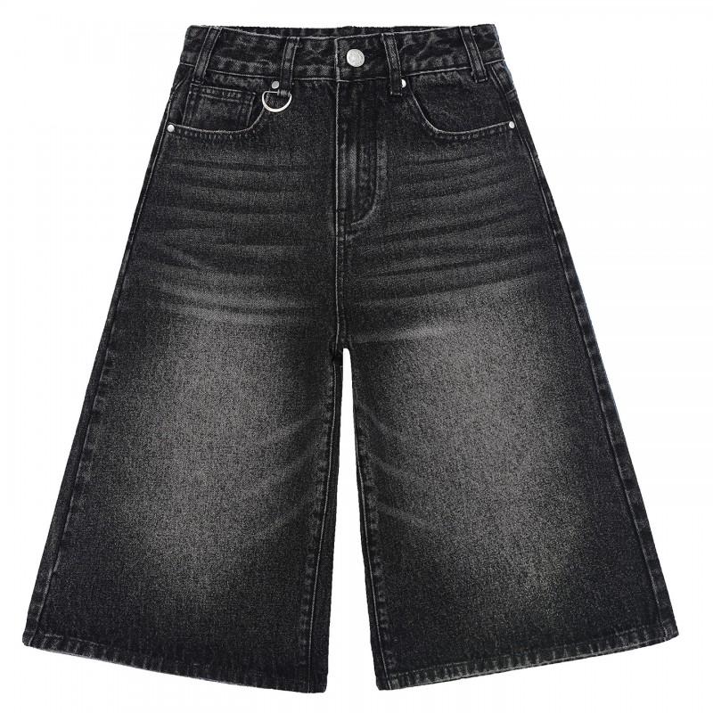 High-Waisted Washed Black Grey Denim Cropped Wide-Leg Pants Women Straight Fit 2026