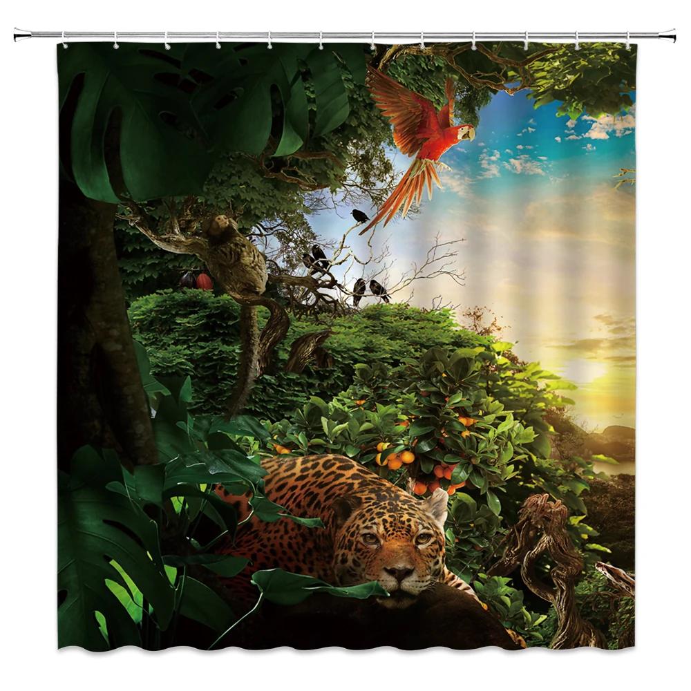 Tropical Jungle Landscape Shower Curtains Bathroom Decor Wild Animal Deer Parrot Toucan Leopard Home Bathtub Polyester Curtain