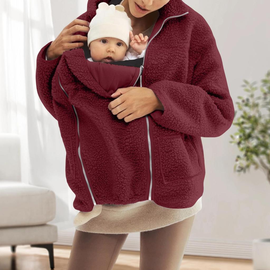 Women's Fashionable Oversized Matching Family Set: Kangaroo- Mother-and-Child One-Piece Solid-Color Shearling Coat