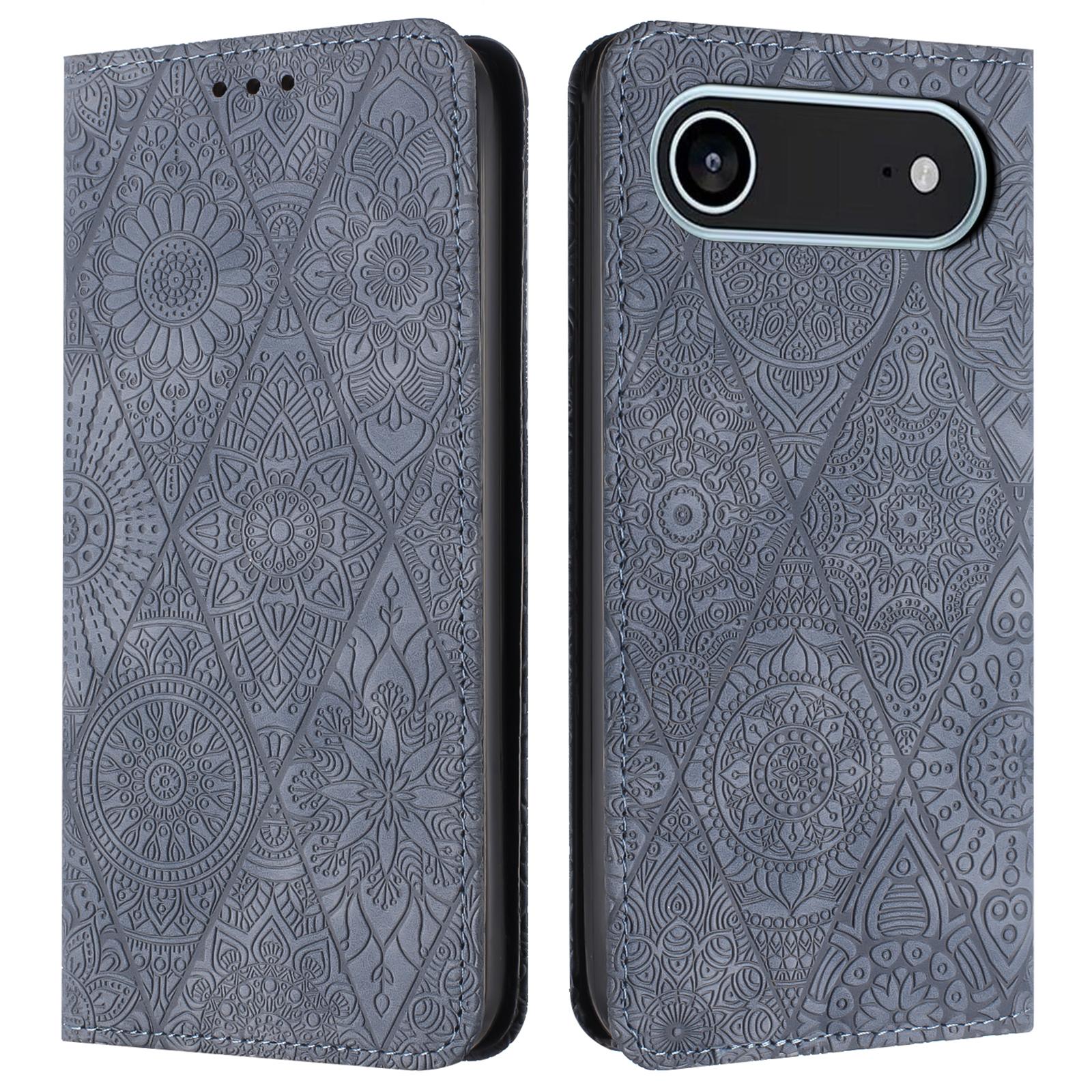 

For iPhone 17 Air Case Imprinted Flower Wallet Stand Leather Phone Cover Grey