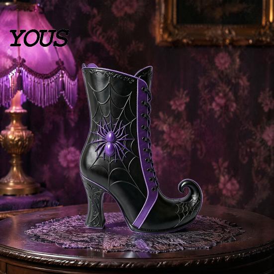 Halloween Themed Floral Display Vessel Witch Boot Vase, Gothic Spider Web Flower Black Decorative Vase with Purple Accents Table