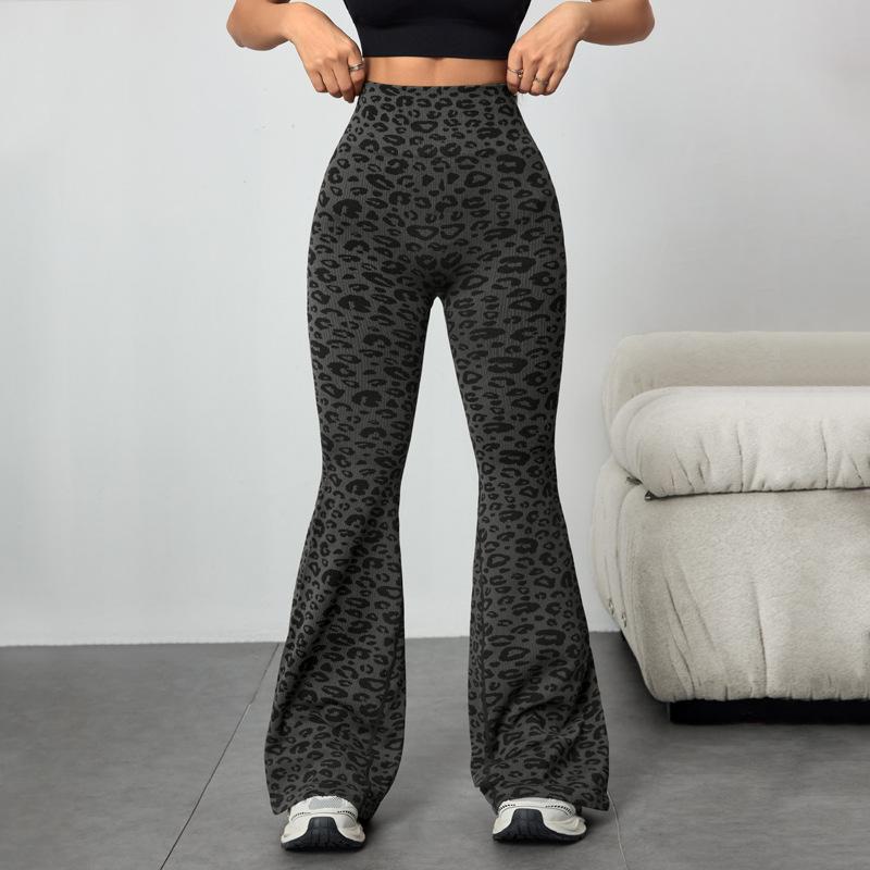 Womens High Waist Leopard Print Yoga Flared Pants Butt Lifting Fitness Trousers XS чёрный