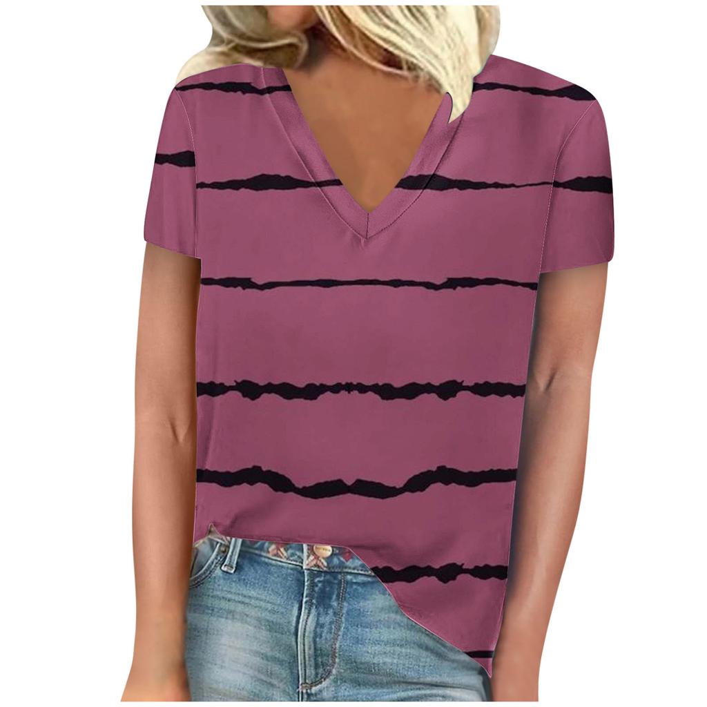 Summer V-neck 3D Stripe Printed Top Fashionable Casual Short Sleeved Women's T-shirts