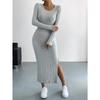 JPNTKY Fashion Spring Autumn  Solid Color Print Long Sleeve O-Neck Casual Dresses