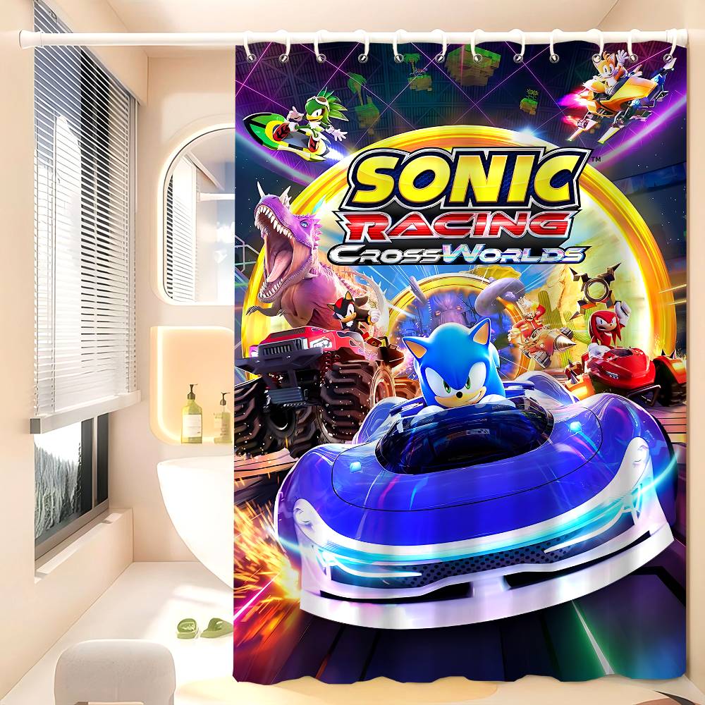 S-Sonic Racing Crossworlds Game Shower Curtain Bath Curtain Print Fabric Waterproof Bathroom Curtains Hooks Bath Screen