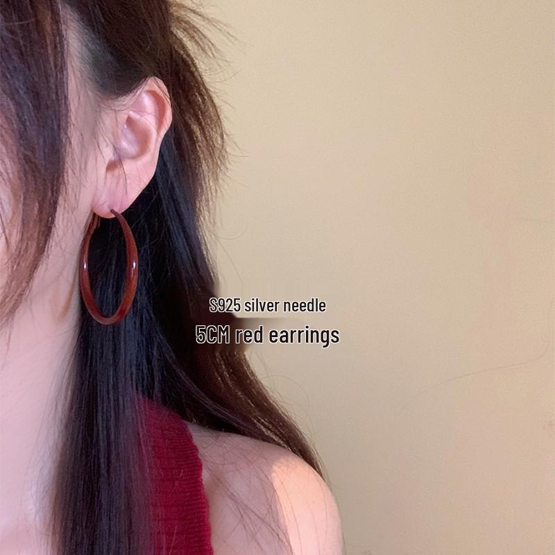 Elegant Retro Hong Kong Style Angora Red Hoop Earrings for Women