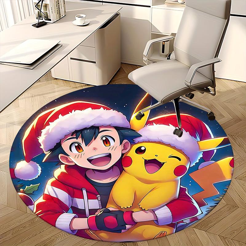 1pc Christmas Pikachu & Trainer Round Carpet - Anime Design, Holiday Gift, Office Chair Mat