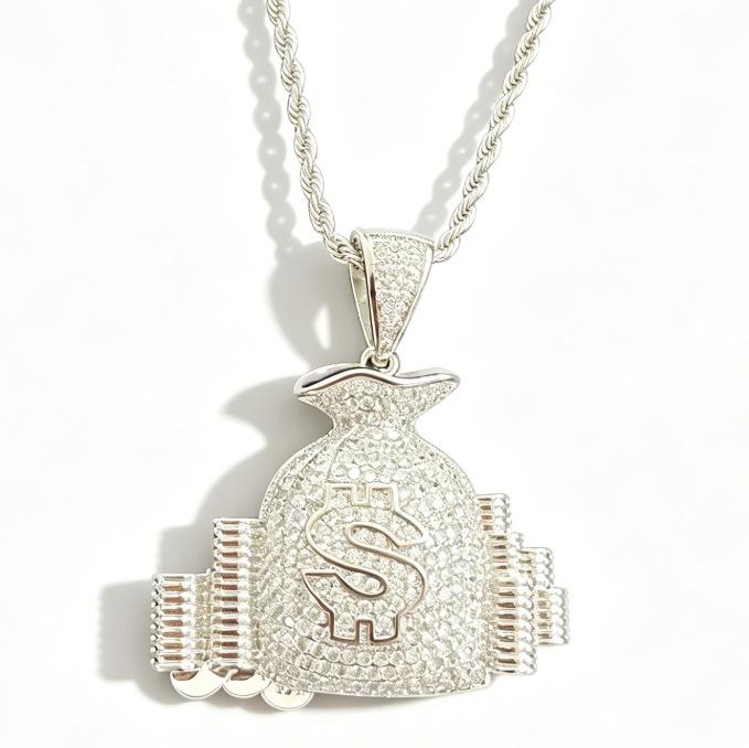 European and American Hip Hop Beauty Money Bag Necklace Copper Set Zircon Dollar Symbol Pendant Trendy Brand Personalized Men's Necklace Accessories