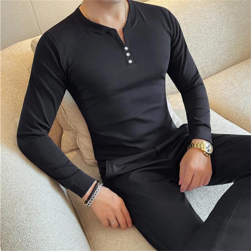 

Spring Autumn Men s Slim Fit T-Shirts Solid Color V-Neck Cotton Long Sleeve Tshirt Men Korean Style Fashion Breathable Tees Tops XXXL