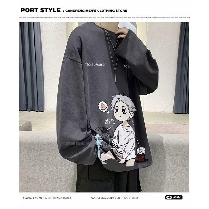 2024 Herren Langarm T-Shirt Herbst Unterhemd Langarm Baumwolle Herbst Hong Kong Stil Druck Lose Trendy Top