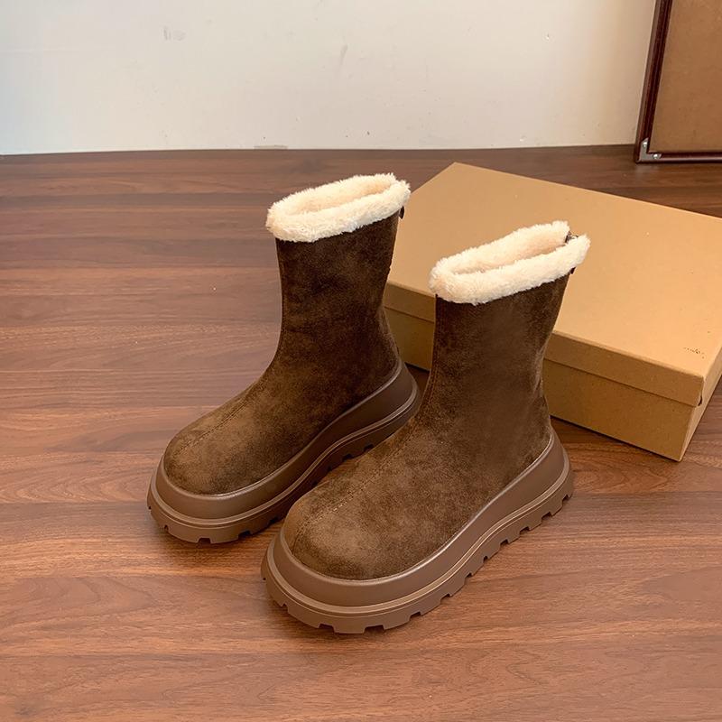 Women's Snow Boots Round Toe Platform Sole Rear Zipper Thickened Cotton Boots with Velvet Fashion All-match Winter Warm Boots