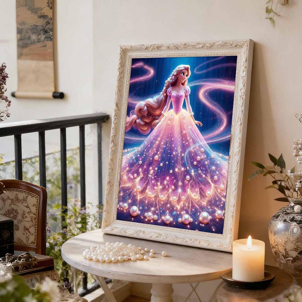 Rapunzel Series Pearl Effect Frameless Art | Long Hair & Flowing Gradient Gown Accents | Dreamy Art Decor for Modern Home & Gallery