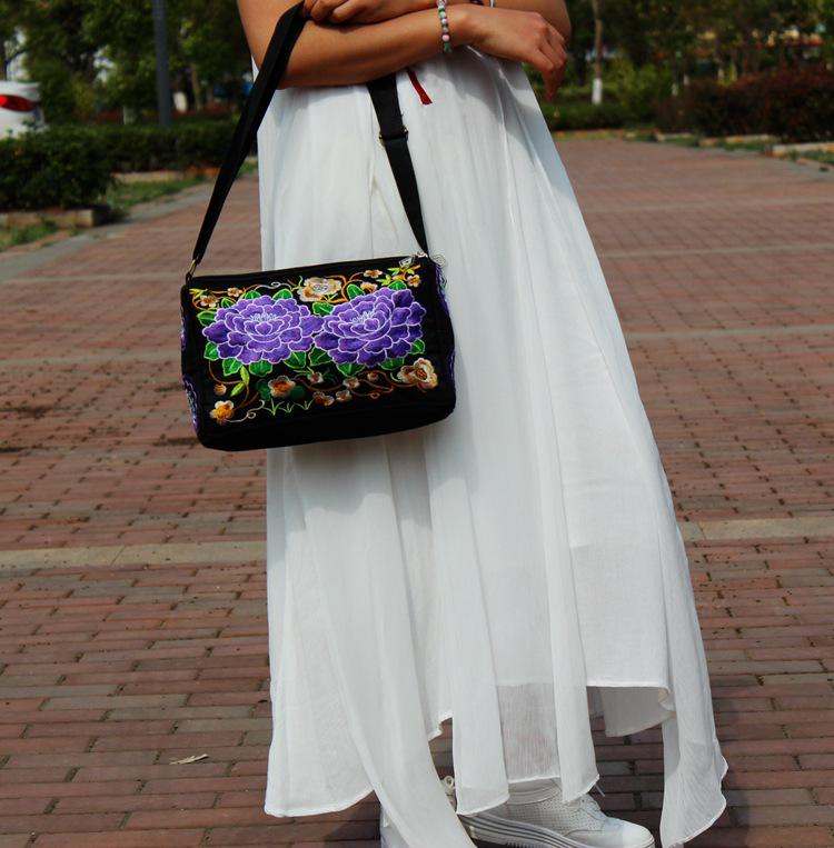 Yunnan Ethnic Embroidered One-Shoulder Crossbody Bag with Three Zippers - Large Size for Ladies
