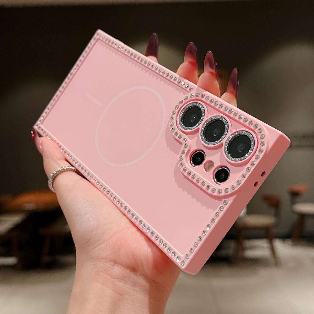 

Luxury S25ultra Case Magnetic Glitter Diamond Frame Phone Case for Samsung Galaxy S25 S24 Fe Plus S23 Ultra Magnetic Cover Galaxy S24 FE розовый
