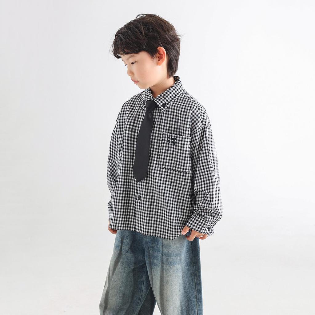 Boys' Spring 2025 Trendy Plaid Loose Shirt with Korean Tie Style