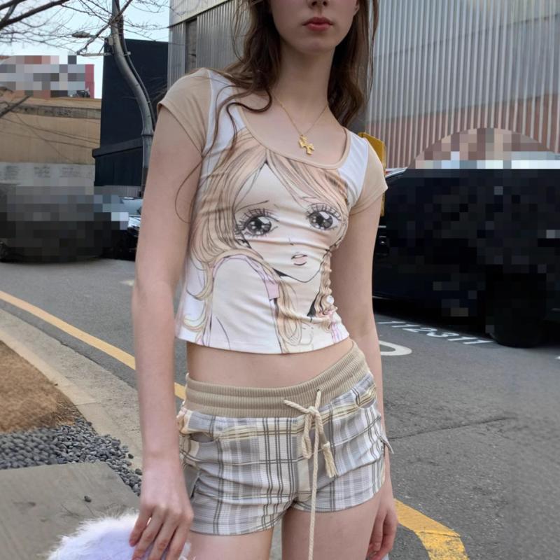 European and American Color Contrast Round Neck Anime Printing Slim Hot Girl T-shirt