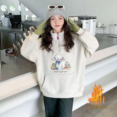 Girls' Cute Patchwork Cartoon Long Sleeve Hoodie with Velvet Collar - Autumn/Winter