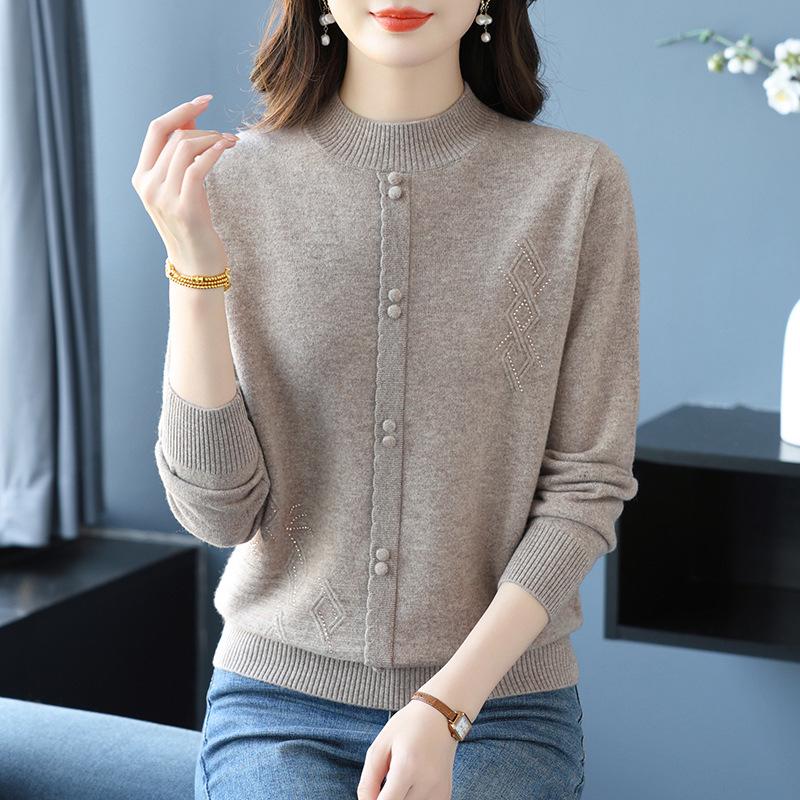 Petite Women's Autumn Winter Pure Wool Knit Sweater - Half-High Neck Base Layer for Middle-aged Moms