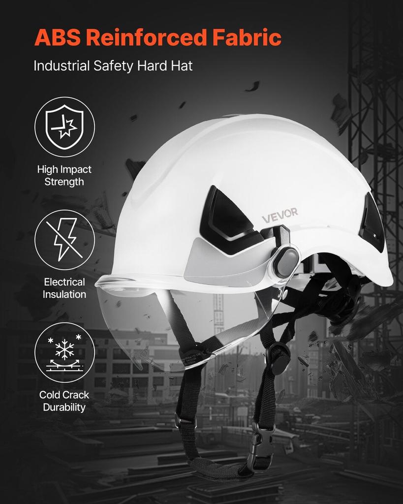 Industrial Safety Helmet, ANSI/ISEA Z89.1 Approved ABS Hard Hat with Visor & 6-Point Ratchet Suspension, Adjustable Vented Hardhat for Men & Women,
