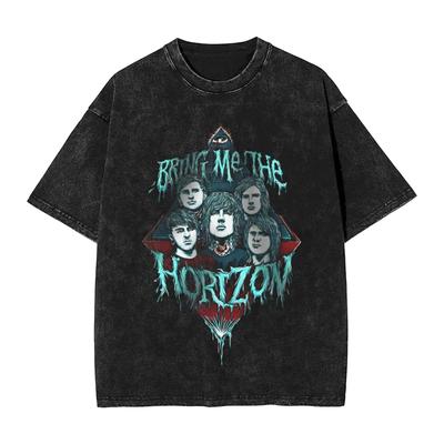 Oversized Acid-Wash Vintage Short-Sleeve T-Shirt Featuring Bring Me the Horizon Band Portrait Dark Gothic Graphic Print