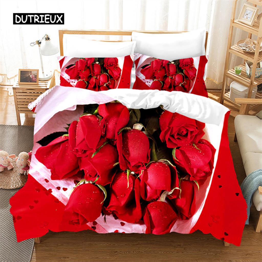

Комплект постельного белья Rose Duvet Set из микрофибры Pink Heart Rose Romantic Flower Tema Комплект постельного белья для влюбленных Double Queen King Size Покрывало для пододеяльника EU single(135x200cm)
