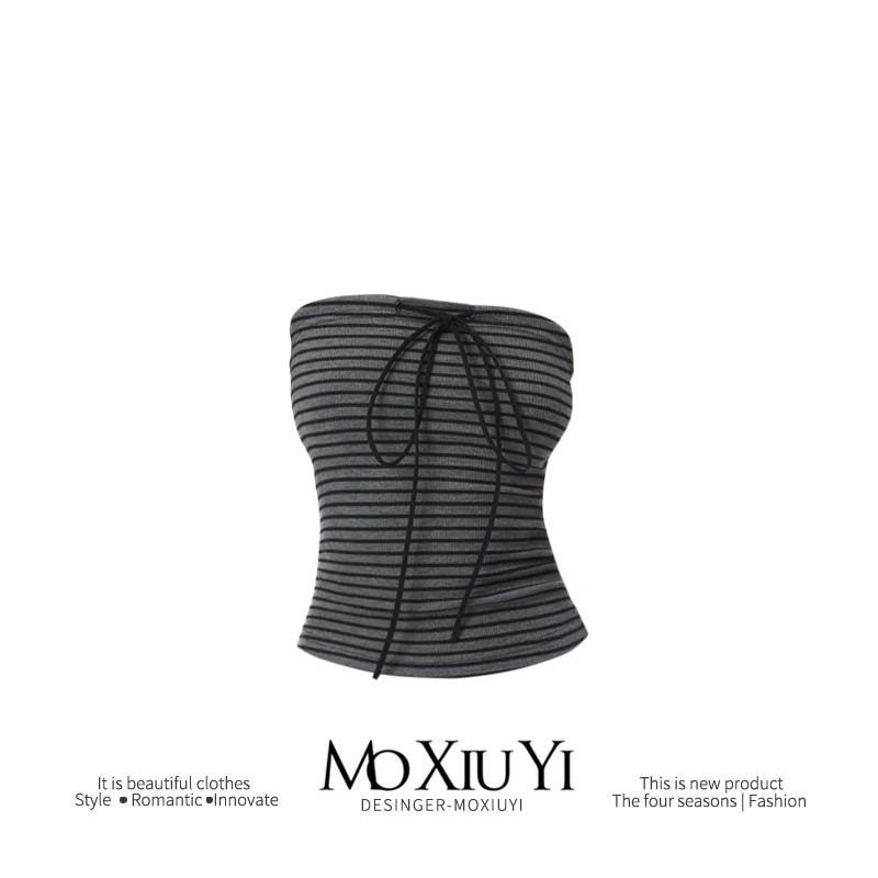 

Mo [In Stock] Color-Blocking Bow Lace-up Stretch Tube Top American Sexy Retro Slimming Sleeveless Stripes Tops Black Gray S