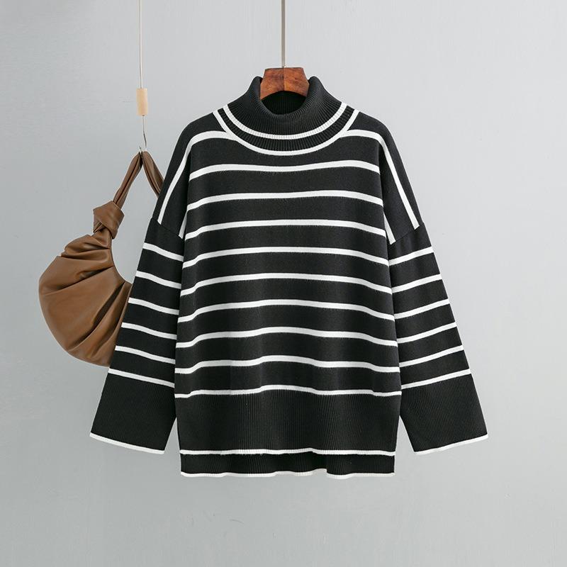 Herbst und Winter Damen Pullover Strickpullover Pullover Clashing Stripes High Neck Loose Casual Pullover