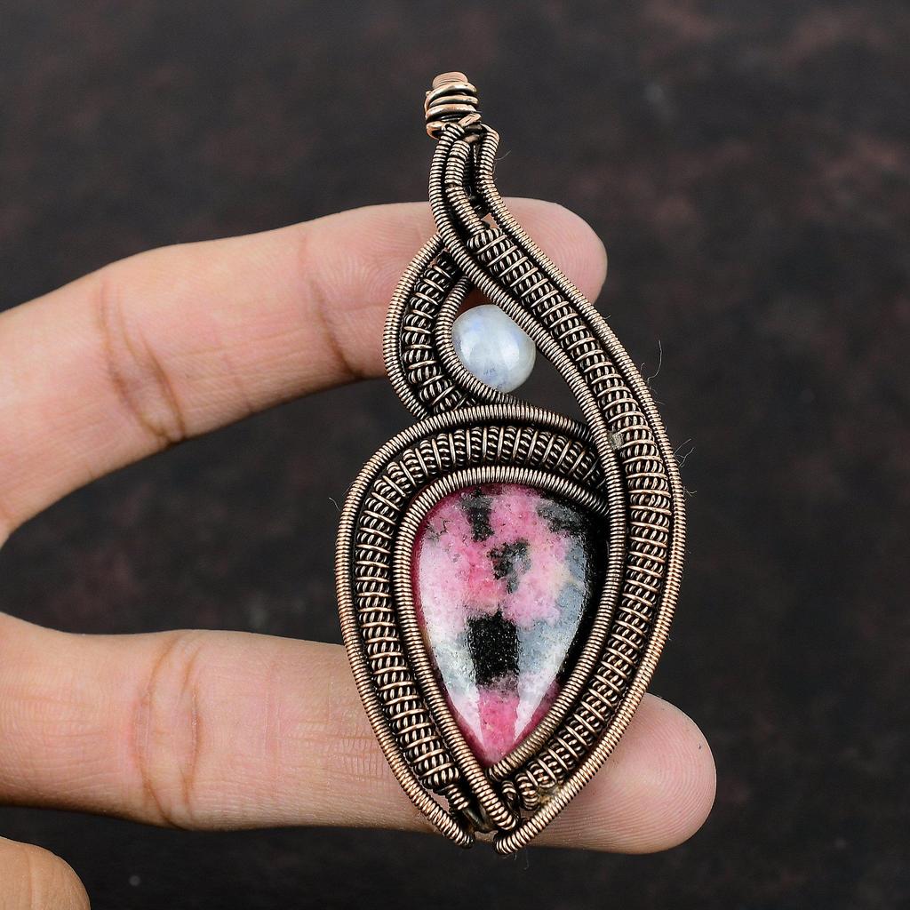 Rhodonite Pendant Copper Wire Wrapped Jewelry Handmade Pendant Rainbow Moonstone Jewelry Copper Wire Pendant Gemstone Jewelry Gift For Women