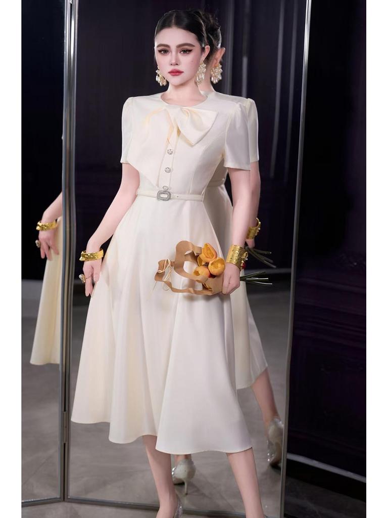 2026 French Spring/Summer Women's Retro Romantic Bowknot Short Sleeve Dress