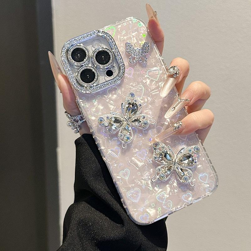Three-Dimensional Rhinestone Butterfly Mobile Phone Case Is Suitable For Apple 17Pro Love Laser 15 All-Inclusive Side Drill 14 Anti-Drop Models