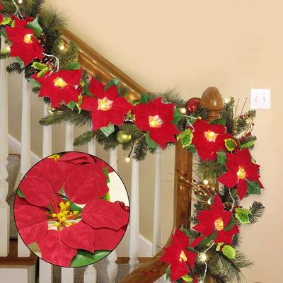 Artificial Poinsettia Garland Christmas Ornaments Christmas Rattan Red Poinsettia LED Garland for Holiday Front Door Decoration