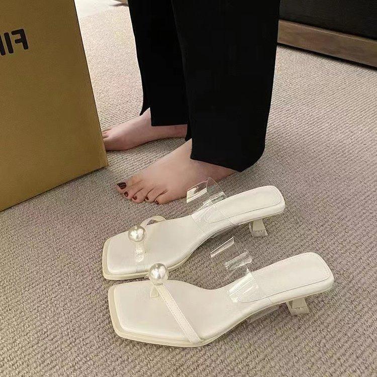 

2025 summer and spring new fairy style pearl toe cool slippers ins trendy outer wear high heel one-word drag temperament women s shoes 34 белый