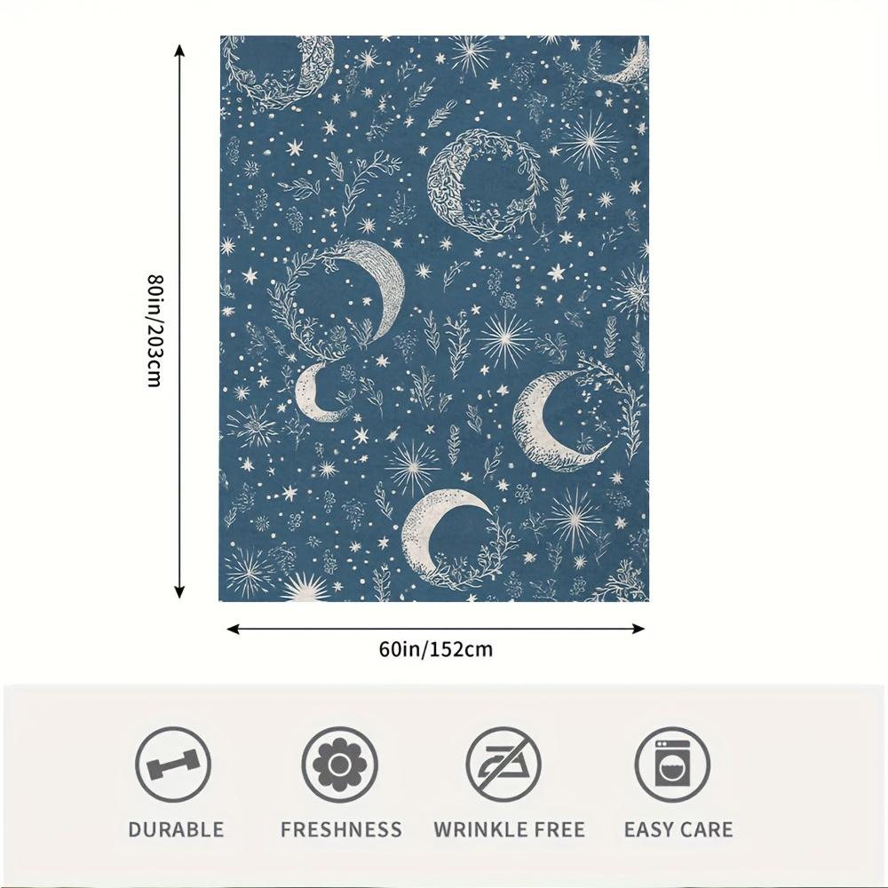 1Pc Cozy Blue Starry Night Blanket With Moon And Floral Design - 60X80 Inch, Soft Single-Sided Print, Perfect For Sofa, Chair,
