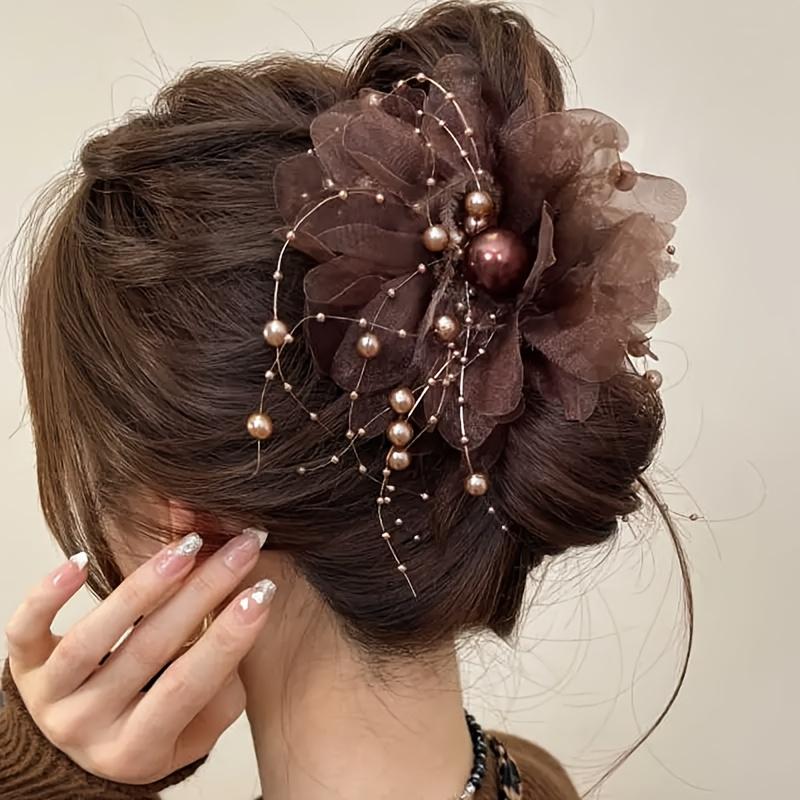 

1 шт. Элегантная богемная заколка для волос с цветком пиона, сеткой и бисерной отделкой - Нескользящая конструкция «акулий коготь» для свадебных причесок, кофейный/черный