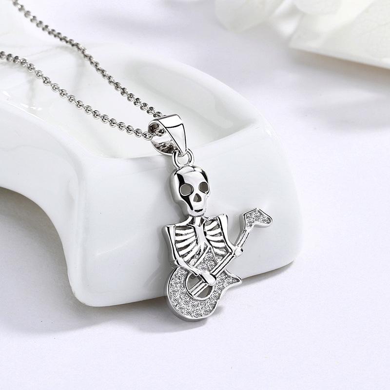 925 Sterling Silver Vintage Skull Guitarist Pendant Necklace - Unisex European American Hip Hop Punk Style Clavicle Chain