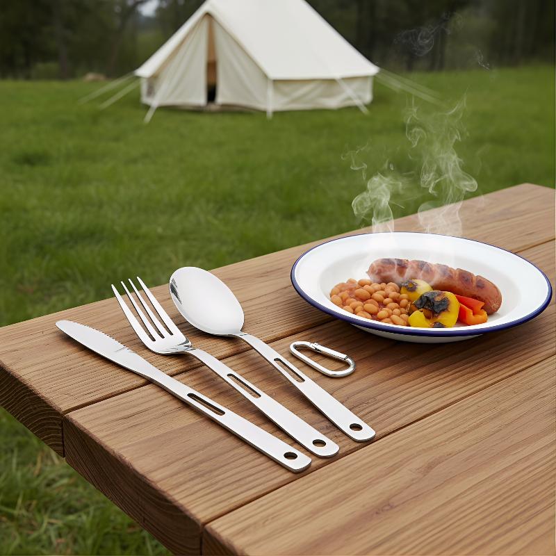 3Pcs Portable 430 Stainless Steel Tableware With Carabiner Outdoor Camping Picnic Knife Fork And Spoon Set Travel Tableware