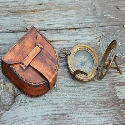 Vintage Sundial Compass with Leather Case Brass Compass Gift for Him Engraved Compass Sundial Push Compass for Camping, Hiking, Touring