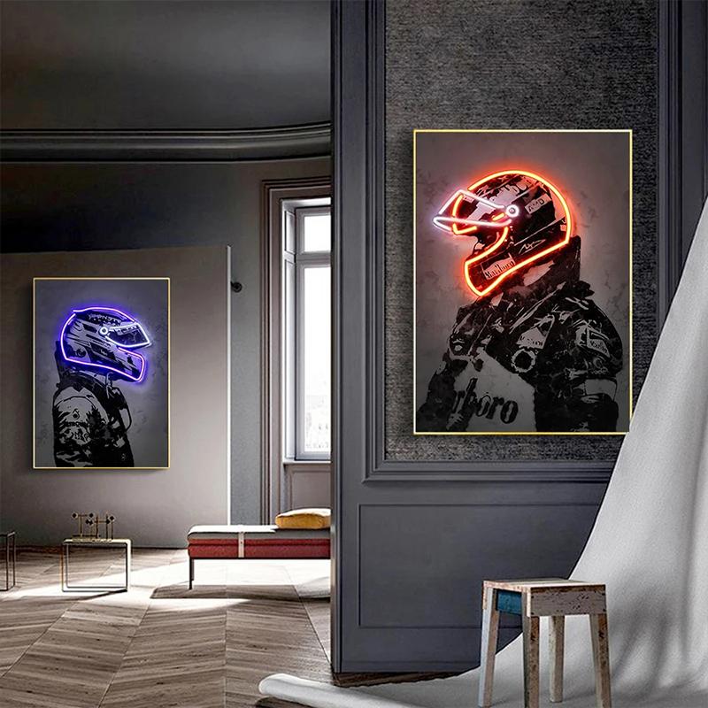 Retro Neon Light Effect Motorcycle Helmet Poster Print Canvas Painting Graffiti Art Wall Picture for Bar Room Home Decor NO LED